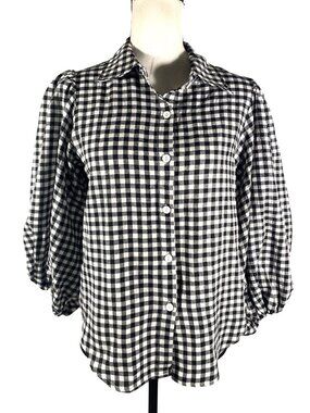 Black & White Gingham Puff Sleeve Button-Up Blouse Lightweight S